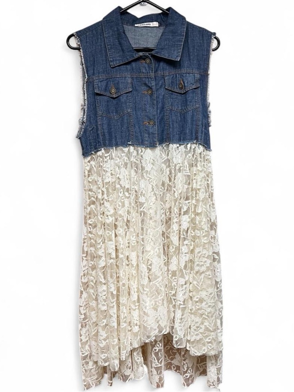 Origami by Vivien Denim Vest Lace Shirt Dress Duster S/M